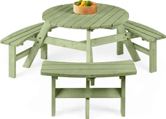 Best Choice Products 6-Person Circular Outdoor Wooden Picnic Table w/ 3 Built-In Benches, Umbrella Hole