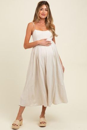 Pinkblush Linen Ribbon Pattern Embroidered Midi Dress in Beige at Nordstrom, Size Medium