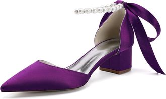 Generic Womens Pointed Toe Pearl Wedding Shoes Low Heels Bridal Shoes Satin Heels Chunky Block Heels Dance Shoes Pumps 4.5Cm,Dark Purple,10 UK