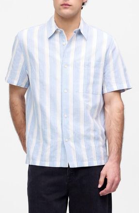 Madewell Short Sleeve Linen & Cotton Button-Up Shirt in Americana Blue at Nordstrom, Size X-Small