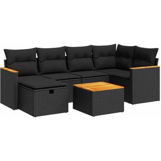 vidaXL Set De Sof&aacute;s De Jard&iacute;n 7 Pzas Con Cojines Rat&aacute;n Sint&eacute;tico Negro