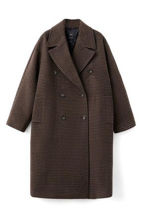 Mango Micro Houndstooth Wool Blend Double Breasted Coat in Brown at Nordstrom, Size X-Large