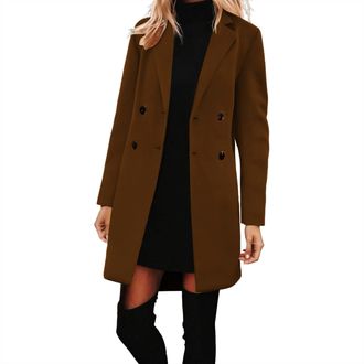 Generic Womens Pea Coats Mid-Length Double Breasted Long Wool Coat Longline Casual Blazers Lapel Collar Winter Jackets Ladies Elegant Work Office Trench Coats
