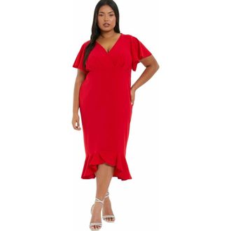 Quiz V-Neck Frill Hem Midi Dress in Red at Nordstrom, Size 22W