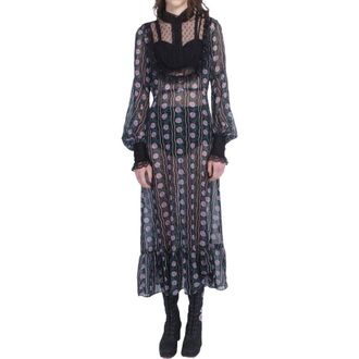 Anna Sui Rosetti Chiffon Victorian Bib Dress in Black/lilac Multi at Nordstrom, Size 4