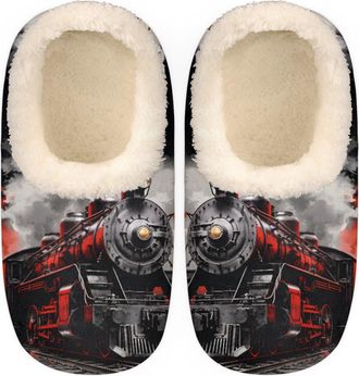 Bardic Vintage Steam Train Slippers for Women Men, Cool Train House Slippers Socks Warm Fuzzy Memory Foam Indoor Slippers Lightweight Cozy Anti-Skid Closed B