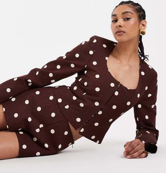 Asos Blazer con scollo rotondo in misto lino marrone a pois-Multi