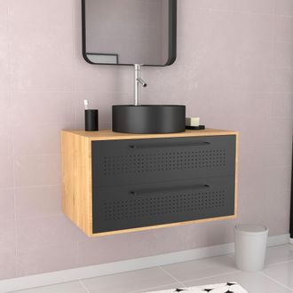 Aurlane Muebles De Ba&ntilde;o De Roble Natural + Lavabo Negro Mate - Uby 80 - 80x45x53cm