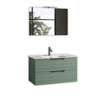 Aquadesign Mueble de ba&ntilde;o con espejo de 4 piezas en mdf verde salvia