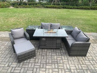 Fimous Rattan Garden Furniture Set with Gas Fire Pit Dining Table, 2 Side Tables & Big Footstool Indoor Outdoor 7 piece Loveseat Sofa set in Dark Grey