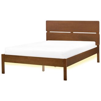 Beliani Cama Moderna Con Led 120 X 200 Cm Con Somier Y Cabecero De Madera De Caucho Marr&oacute;n Oscuro Boisset