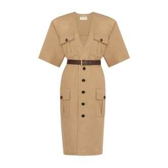 Saint Laurent Midi Dresses, female, Beige, Size: S Cotton Saharienne Dress