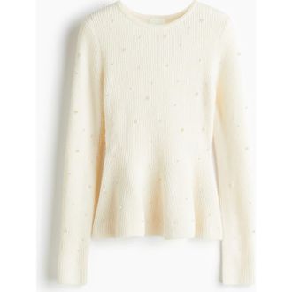H&M Bead-embellished Peplum Top in Cream at Nordstrom, Size Xx-Large