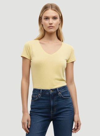 Majestic Filatures Stretch Linen Short Sleeve V-Neck T-Shirt in Yellow at Nordstrom, Size 4