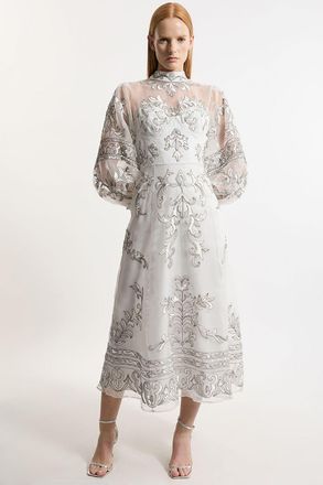 Karen Millen Petite Baroque Organdie Applique Buttoned Woven Maxi Dress