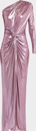 Sally Lapointe One-Shoulder Twisted Metallic Coated Jersey Maxi Dress