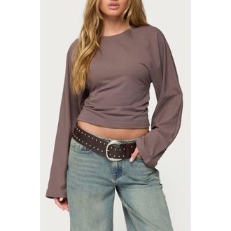 Edikted Charlisa Ruched Long Sleeve Crop Top in Taupe at Nordstrom, Size X-Small