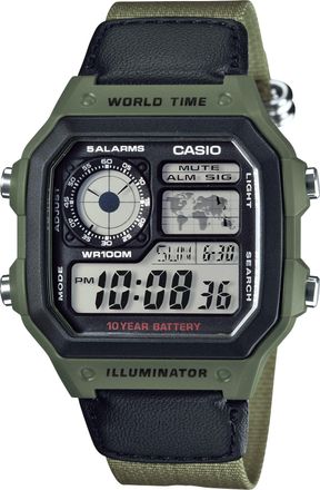 Casio Mens Digital World Time Watch with Black Dial and Green Band - AE-1200WHB-3BV