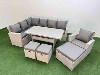 Fimous 10 Seater Rattan Garden Furniture Set Dining Table Chair 3 Footstools in Light Grey