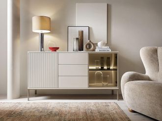 Vente-Unique Credenza 2 ante e 3 cassetti con LED in MDF e Vetro fum&eacute; Beige e Nero OVILA