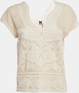 M Missoni White Seashell Pattern Lurex Knit V-Neck Top