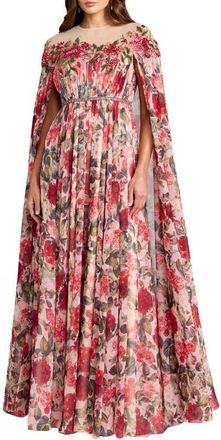 Mac Duggal Floral Printed Chiffon High Neck Cape Gown in Rose Multi at Nordstrom, Size 16