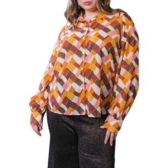 Flying Tomato Geometric Print Long Sleeve Button-Up Shirt in Mustard Brown at Nordstrom Rack, Size 1 X