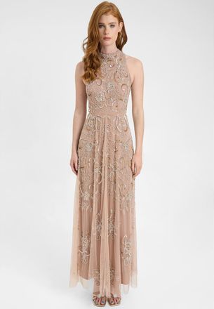 Beauut Embellished Sequin Beaded Maxi Dress With High Neckline With Sleeveless Design in Taupe Blush at Nordstrom, Size 6