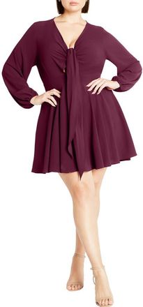 City Chic Ellie Tie Neck Long Sleeve Minidress in Purple at Nordstrom