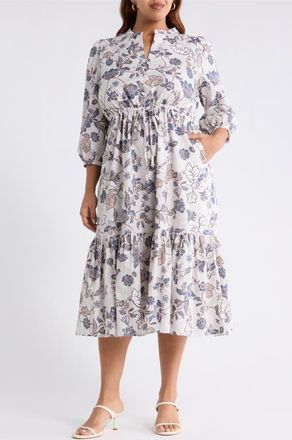 Sugarlips Bryony Floral Zinnia Split Neck Midi Dress in Brown-Blue at Nordstrom, Size 3X