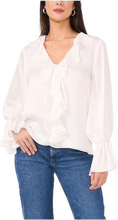 Vince Camuto Double Ruffle Front V-Neck Blouse With Ruffle Cuffs Womens Clothing New Ivory : MD, Polyester