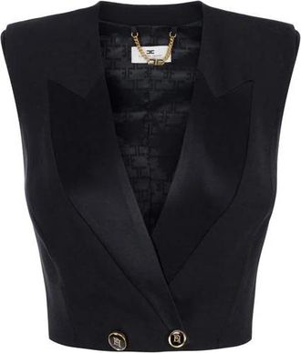 Elisabetta Franchi Cr&ecirc;pe Gilet met Satijnen Revers - Dames - Bodywarmers - Zwart - L - Satijn - Jassen