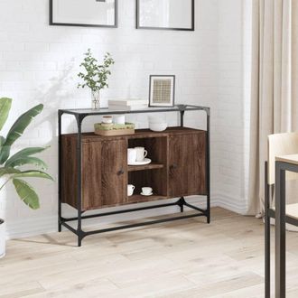 Berkfield Home Sideboard with Glass Top Brown Oak 98x35x81 cm Engineered Wood | Size: 98 x 35 x 81 cm