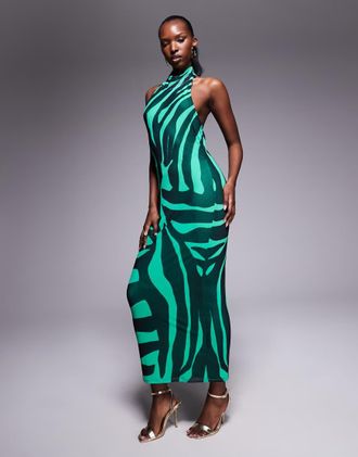 AFRM Vestito midi in power mesh verde zebrato