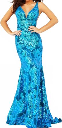 Jovani Sequin Motif V-Neck Prom Dress In Iridescent Royal