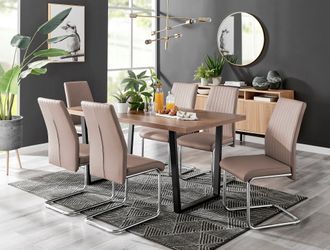 Furniturebox Kylo Large Brown Wood Effect Dining Table & 6 Lorenzo Faux Leather Chairs in Beige