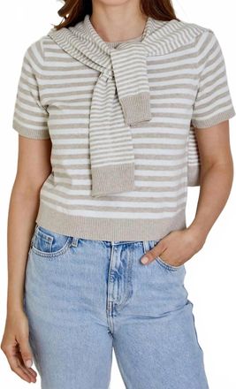 dh New York Sweater Knit T-Shirt With Removable Scarf In Beige/white Stripe