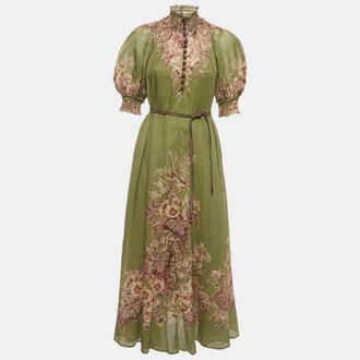 Zimmermann Olive Green Floral Print Linen High Neck Maxi Dress