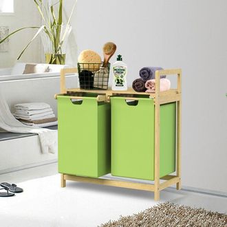 ML Design Ml-design - Cesto Para La Colada De Bamb&uacute; Verde Caja Para La Ropa Sucia Con 2 Compartimentos Recogedor Con 2 Bolsas Extensibles 60 L Cubo Con Estante 