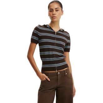 Cotton On Womens Cap Slv Sara Hooded Zip Knit in Dark Oak Blue Stripe at Nordstrom, Size Xx-Small