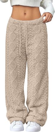 Generic Ladies Trousers Jacquard Solid Elastic Waist Casual Pants Straight Leg Drawstring Jogging Bottoms Fleece Thickened Thermal Tracksuit Bottoms Autumn Wi
