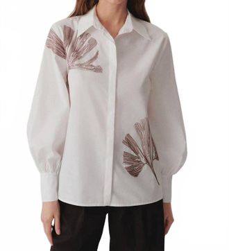 Exquise Ayla Cotton Shirt With Floral Stitch Detailing In Bone