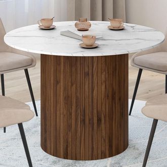 IDMarket Juliette Mesa De Comedor Redonda Para 6 Personas Con Pata Central Efecto Listones De Nogal Y Tablero Alaska Efecto M&aacute;rmol Blanco
