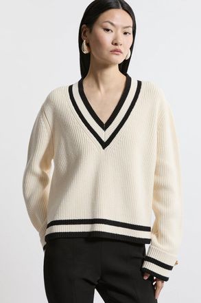 Karen Millen Womens Cotton V Neck Knit Boxy Jumper - White - Size X-Small
