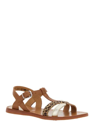Pom dApi Girls Brown Open Toe Sandals With Leopard Print Band Leather