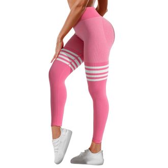 Generic Womens Striped Yoga Pants High Waist Back V Crossover Scrunch Butt Lifting Tight Fit Gym Workout Leggings Quick Dry Running Pants for Ladies (Pink, L)