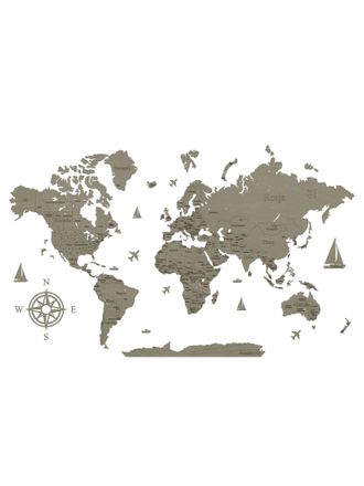 OEM Mappa Del Mondo In Legno 2d Grigio Chiaro - Bordi A V Con Motivo E Nomi Dei Paesi 90x56 Cm