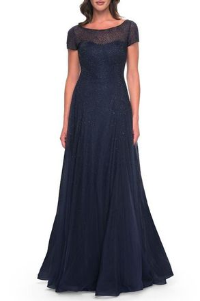 La Femme Beaded A-Line Dress with Illusion Neckline and Sleeves in Navy at Nordstrom, Size 10