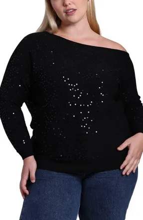 Minnie Rose One-Shoulder Sequin Sweater in Black at Nordstrom, Size 1X