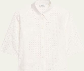 Akris Diamond Eyelet Cropped Cotton Poplin Blouse